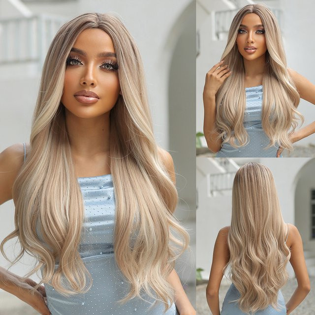 Jonrenau Perücke, lange gewellte blonde Haare mit Platin-Highlight, Damen - Bild 1