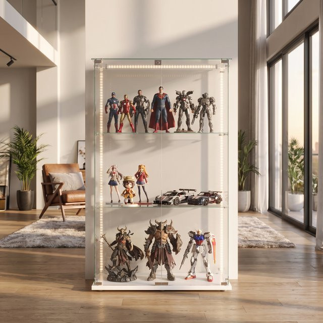 Anajqaqia Glas-Vitrine mit weißem Sockel, 3-stufige Ausstellungsvitrine mit Doppeltür und Schloss zur Aufbewahrung von Sammlerstücken und Figuren - Bild 1
