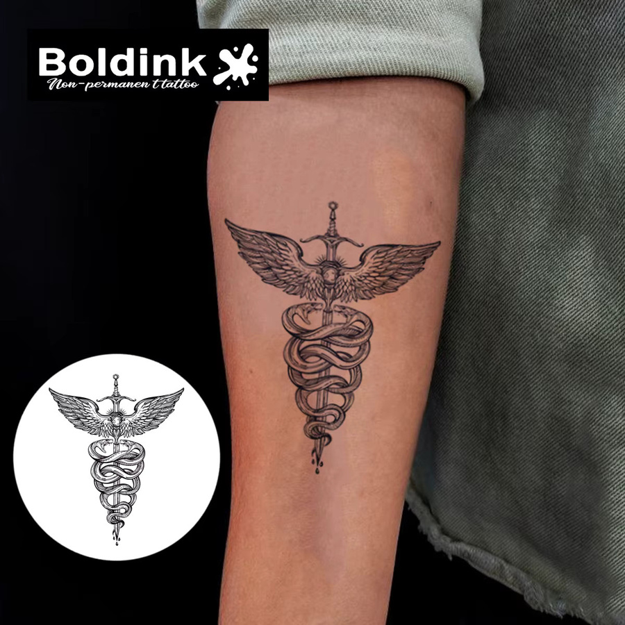 Boldink Temporäres Tattoo, Winged Caduceus Sword Design, wasserfest - Bild 3