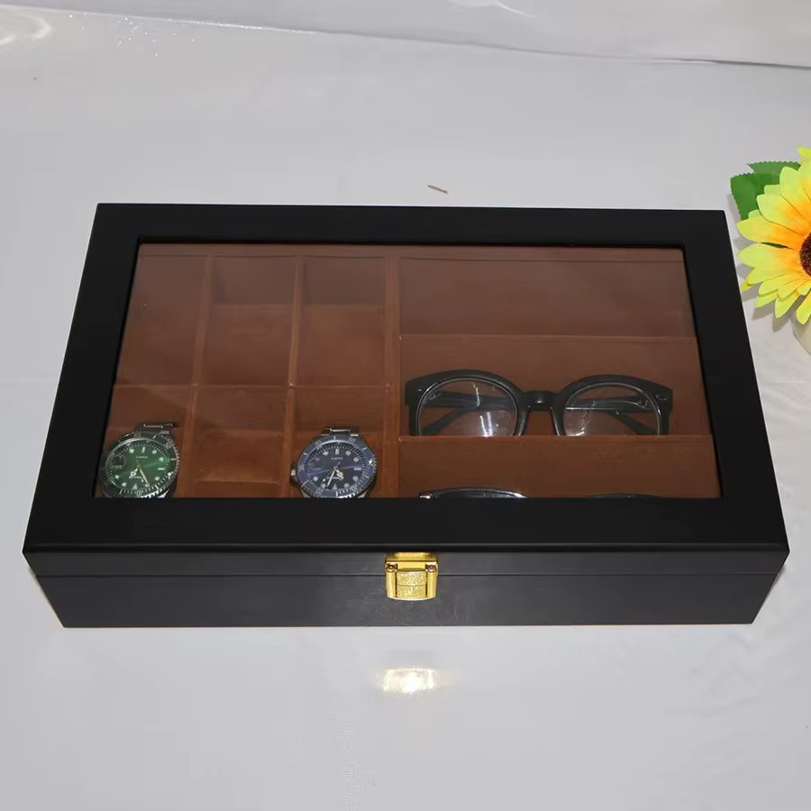 DOKW Uhren- und Brillenaufbewahrungsbox Holz, Schwarz, Transparentes Glasdisplay - Bild 4