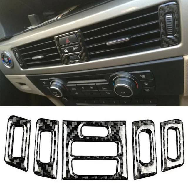 5er Set Carbon Look Innenraum Aufkleber für BMW E90 E92 E93 zur Verkleidung der zentralen Lüftungsauslässe in Schwarz - Bild 1