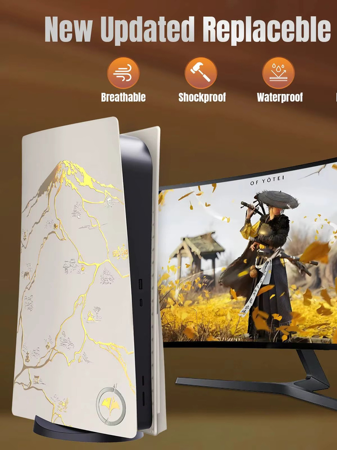 JazPlate Yotei Shell Ghost Frontplatte Ersatz für PlayStation 5, PS5 Pro und PS5 Slim Disc in Weiß mit Gold Logo Aufkleber - Bild 4