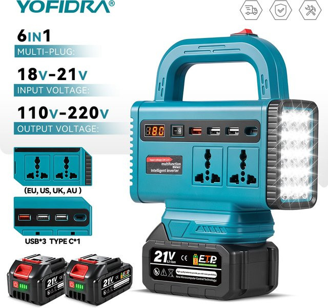 YOFIDRA 6-in-1 tragbarer Stromwechselrichter mit USB-Typ-C-Steckdose und LED-Licht, kompatibel mit Makita-Akkus zur Notstromversorgung im Außenbereich - Bild 1