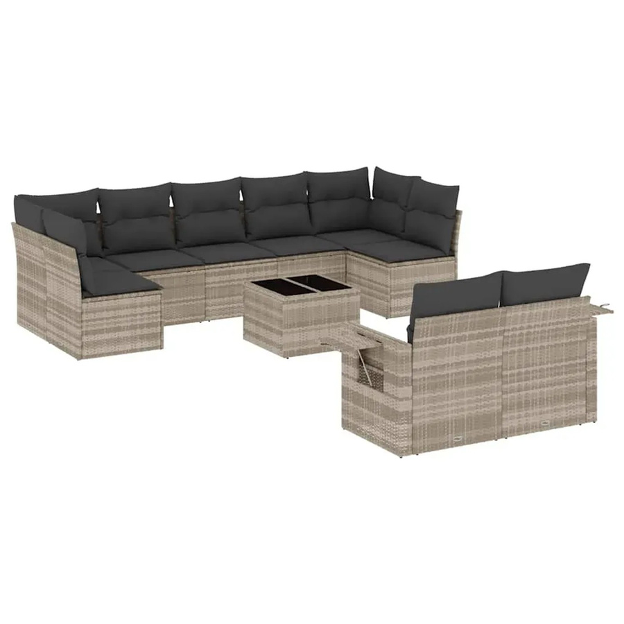vidaXL 10-tlg. Garten-Sofagarnitur in L-Form aus PE-Rattan mit Kissen, Hellgrau - Bild 2
