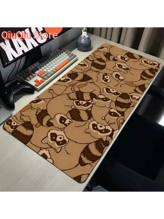 Potdemiel Mauspad mit Cartoon-Waschbär Motiv in Braun, XXL Schreibtischunterlage aus Gummi, B/T: 90 x 40 cm - Bild 2