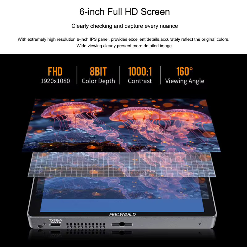 FEELWORLD P6XL 6-Zoll-Kamera-Feldmonitor mit 4K HDMI, 1200 Nits Helligkeit und eingebautem Akku in Schwarz und Silber - Bild 3