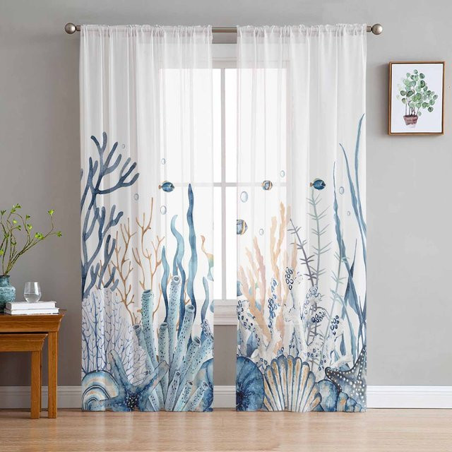 Super Six Chiffon Fenstervorhang Sommer Ozean Korallen Seegras in Blau und Multicolour, Breite: 135 cm, Höhe: 244 cm - Bild 1