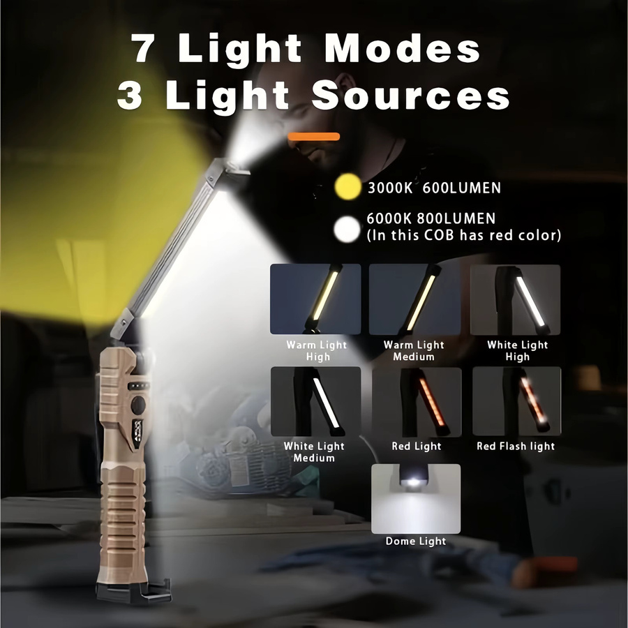 Heinast USB-wiederaufladbare LED-Arbeitsleuchte, 800 Lumen COB-Laterne in Schwarz mit eingebautem Akku - Bild 2