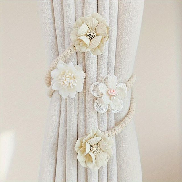 2 Stück Elegante 3D-Blumen-Vorhangraffhalter von YC Direct in Beige mit Perlenakzenten und Rosa Blumen-Design aus Polyester - Bild 1