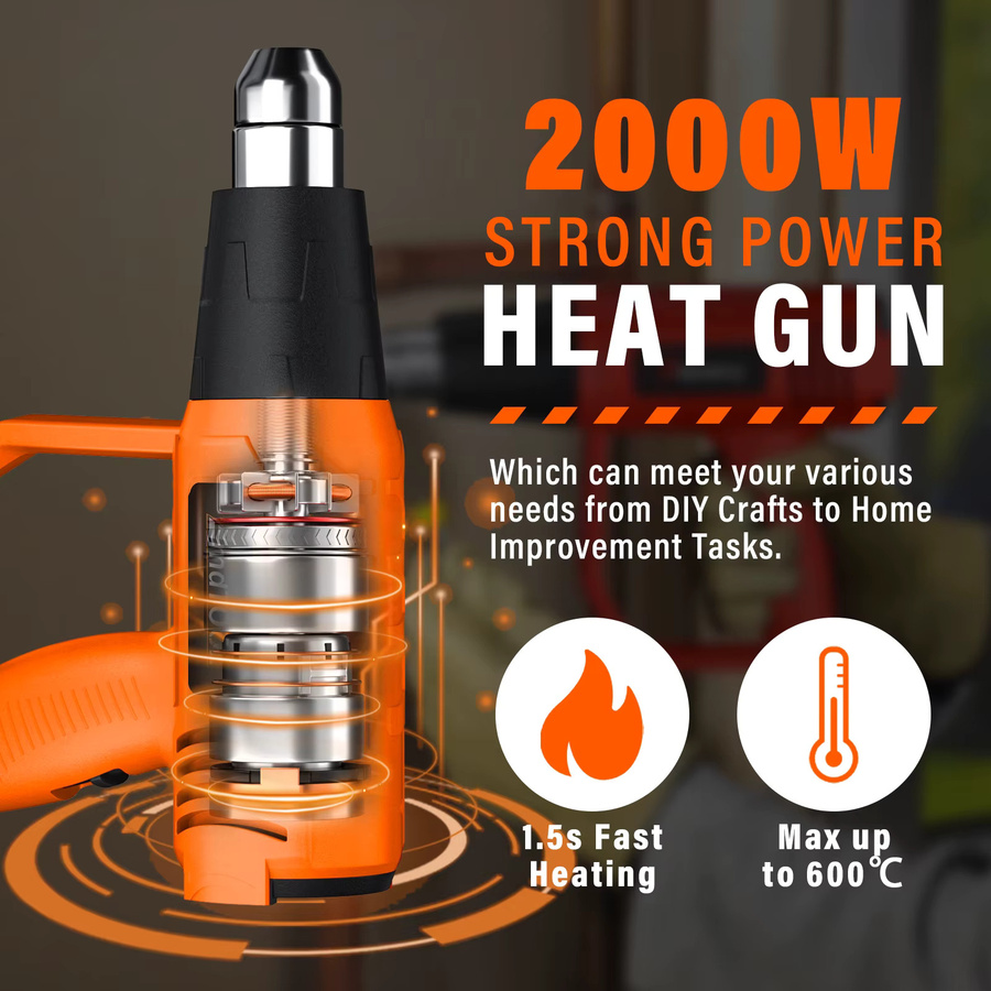 Heißluftpistole Set mit 2000W und variabler Temperatur 300 °C bis 600 °C in Orange inklusive 4 Düsen zum Trocknen und Schrumpfen - Bild 4