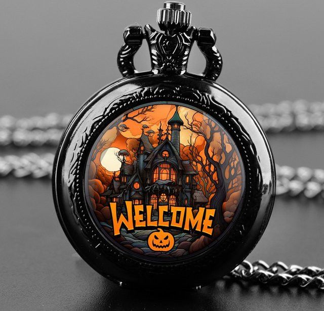 Halloween Quarz-Taschenuhr mit Glaskuppel und Kette in Schwarz mit arabischem Zifferblatt - Bild 1