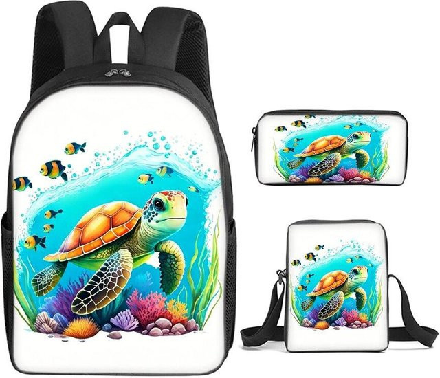 BAOERYE 3-teiliges Schulset mit Rucksack, Umhängetasche und Federmäppchen im Meeresschildkröte Korallenmuster, Schwarz/Mehrfarbig - Bild 1
