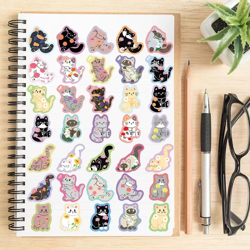50 Stück Bunte Cartoon-Katzen-Aufkleber aus wasserfestem Vinyl für Wasserflaschen und Laptops in Multicolour - Bild 4