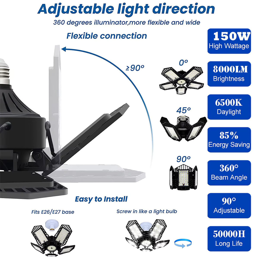 Leclstar Verformbare LED Deckenlampe mit E27 Sockel, 150 W, 15000 lm, 6500 K Kaltweiß, Garagenbeleuchtung für Keller, Lager und Shop - Bild 4