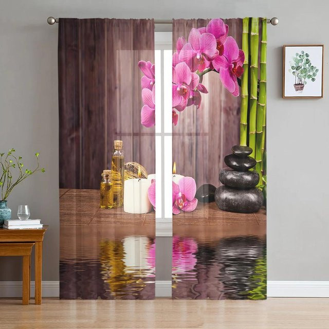 Yiran Furniture Transparente Voile-Vorhänge mit Orchideen- und Bambus-Design, Mehrfarbig, Breite: 135 cm, Höhe: 245 cm - Bild 1