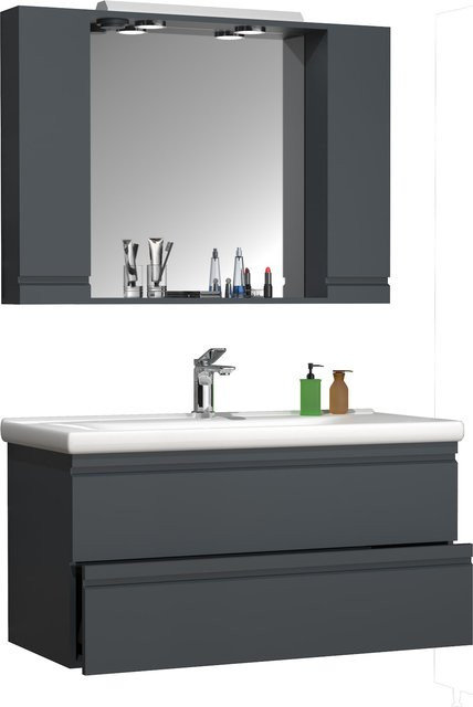 VCM Badmöbel Set Silora XL 3-tlg. in Anthrazit-Grau mit Waschtisch Unterschrank 100 cm, Keramik-Waschbecken und Spiegelschrank mit LED-Beleuchtung - Bild 1