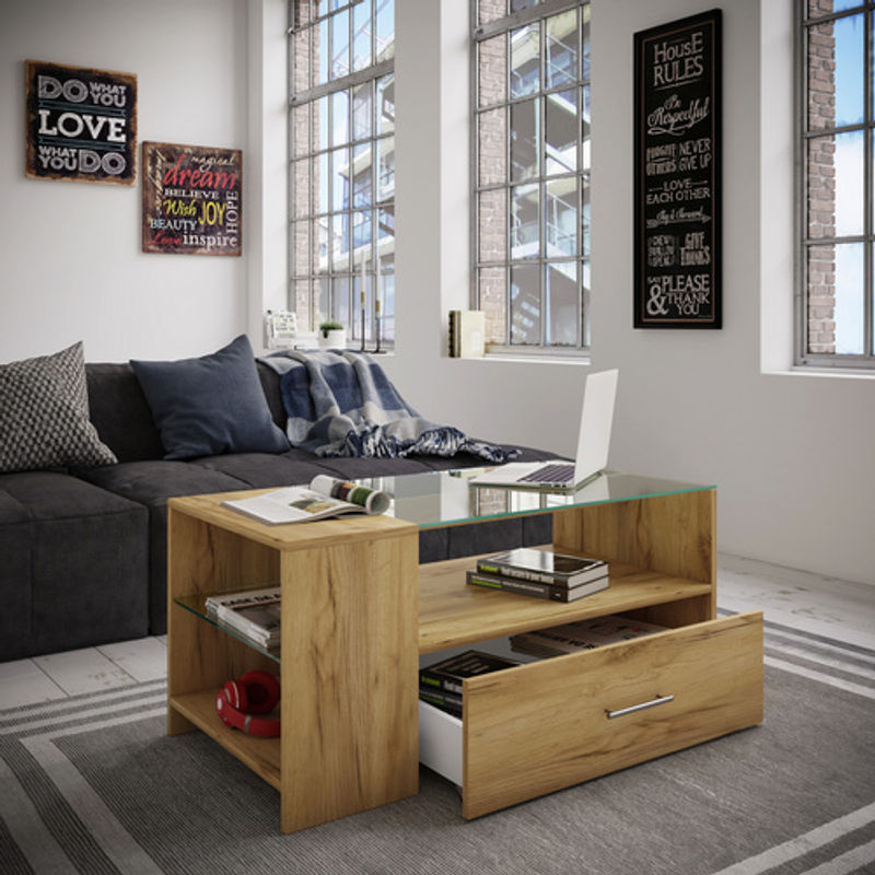VCM Couchtisch Tindala aus Holzstruktur-Nachbildung und ESG-Sicherheitsglas in Braun, B/T/H: 100 x 50 x 45 cm - Bild 2