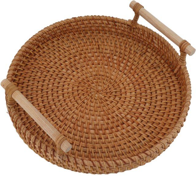 Rundes Rattan-Serviertablett von mfySpace mit Massivholzgriffen zur Präsentation von Obst und Brot - Bild 1