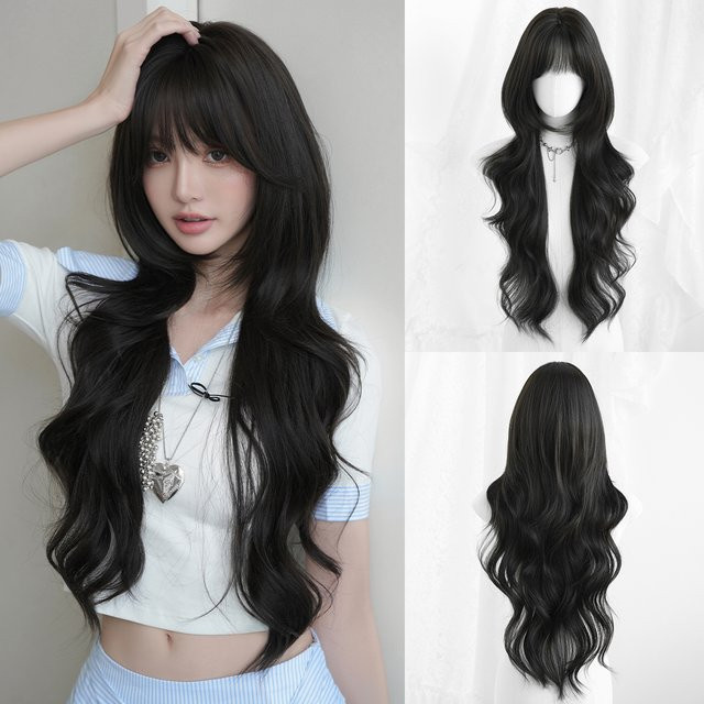 7JHH WIGS Perücke, lang, gewellt, dunkelbraun, Damen, synthetisch - Bild 1
