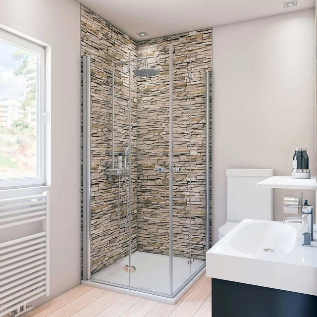 Breuer Duschrückwand Q72 Aluminium in Mauer Optik Hell Beige B: 100 cm, H: 210 cm - Bild 1