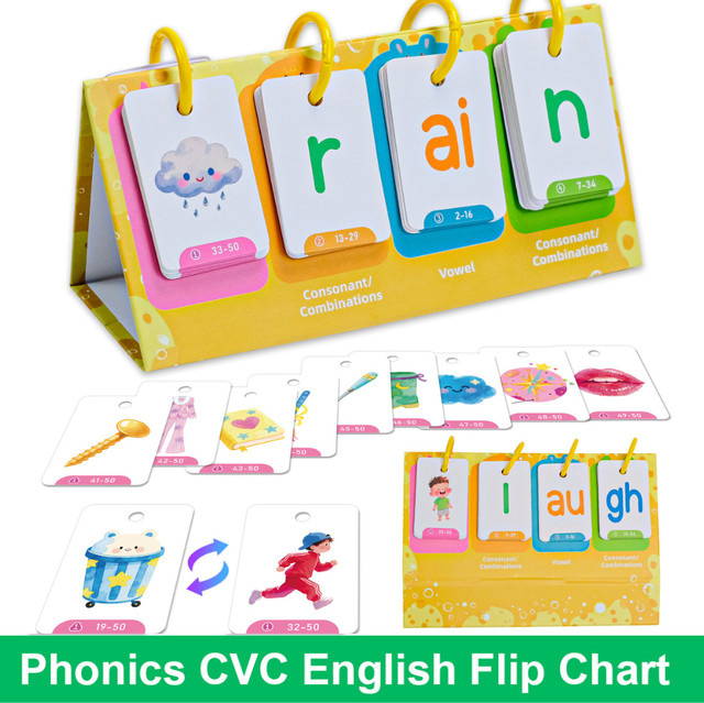 QKX Phonics CVC Words Englische Karteikarten für Kinder zum Lernen von Digraphs, Spelling und Sight Words, beidseitig bedruckt, Mehrfarbig - Bild 1