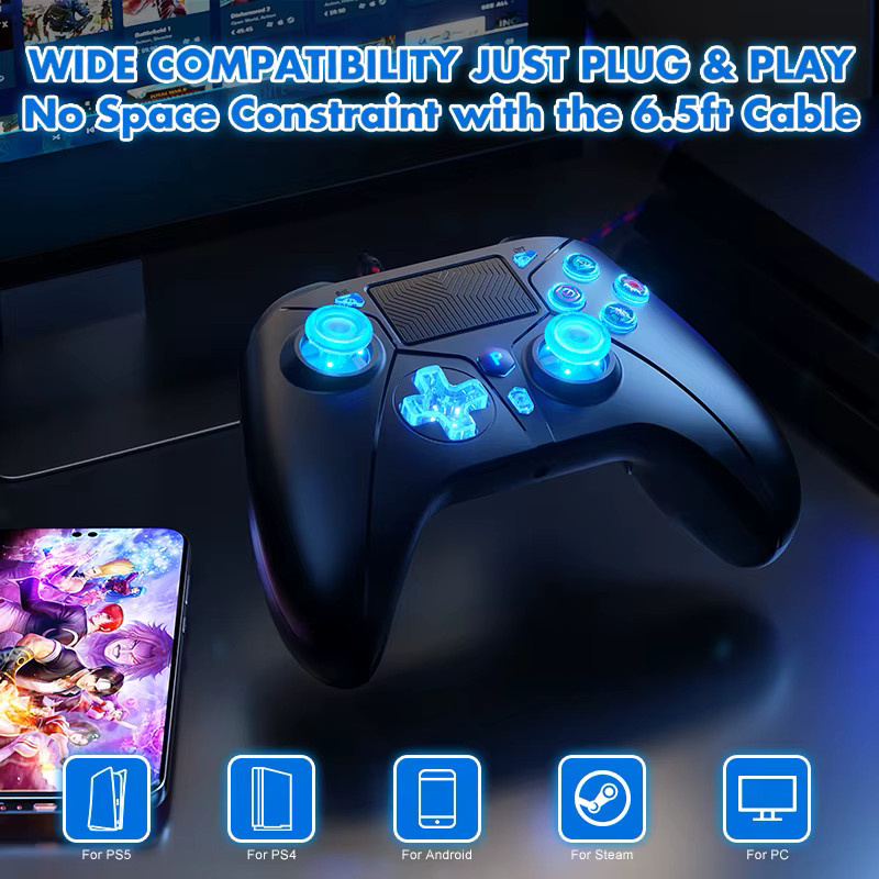 Bonacell RGB Gaming Controller für PS5, PS4 und PC, kabelgebundenes Gamepad mit Dual Vibration und 8 Farben, Schwarz/Multicolor - Bild 2