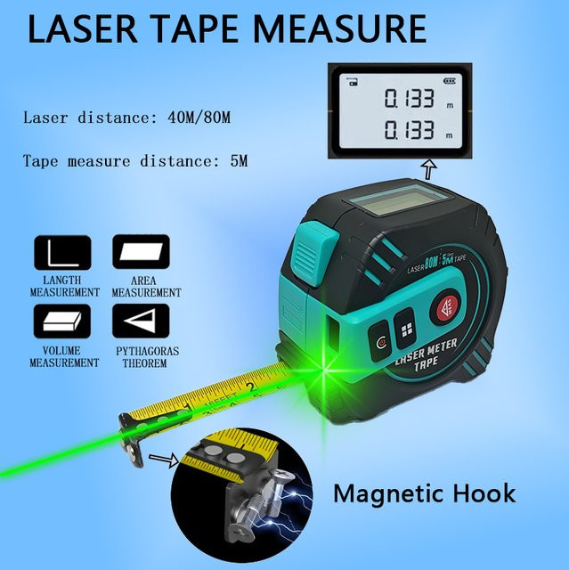 TecGage 2-in-1 Laser-Entfernungsmesser mit USB-Aufladung, 80 m Reichweite und 5 m Maßband mit LCD-Display und verschiedenen Messmodi - Bild 1