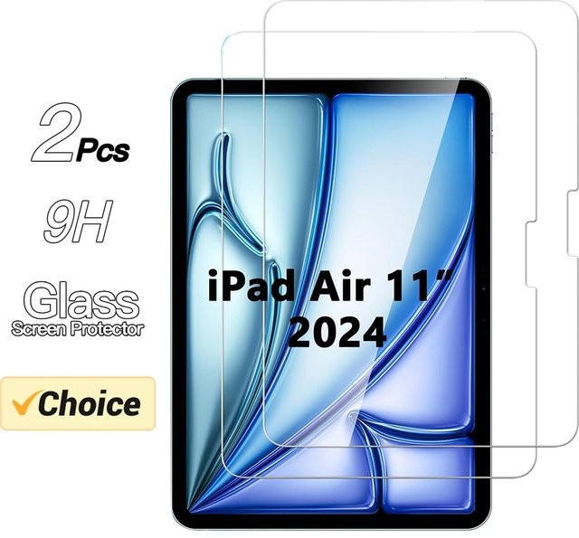 2 Stück Displayschutzfolie aus gehärtetem Glas für Apple iPad Air 11 Zoll 2024 M2 Air 6. Generation, transparent, kratzfest - Bild 1