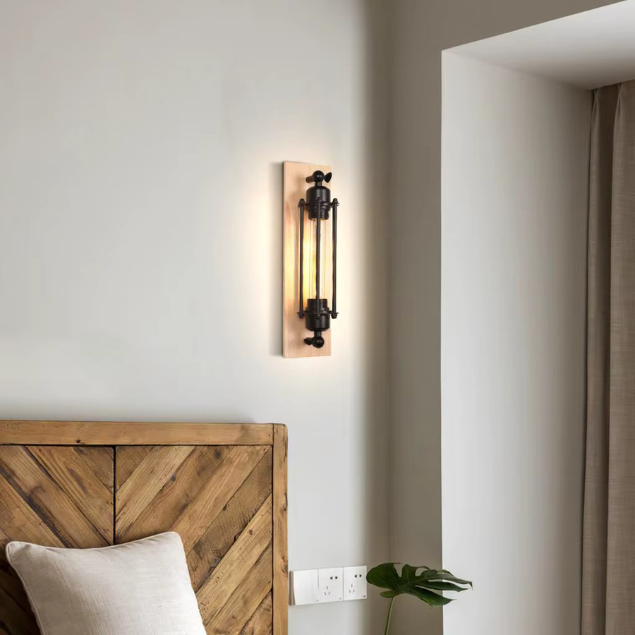 SIKEBOTE Vintage Wandleuchte im Industrie-Design aus Holz und Metall in Schwarz für Wohnzimmer, Cafe oder Bar - Bild 4