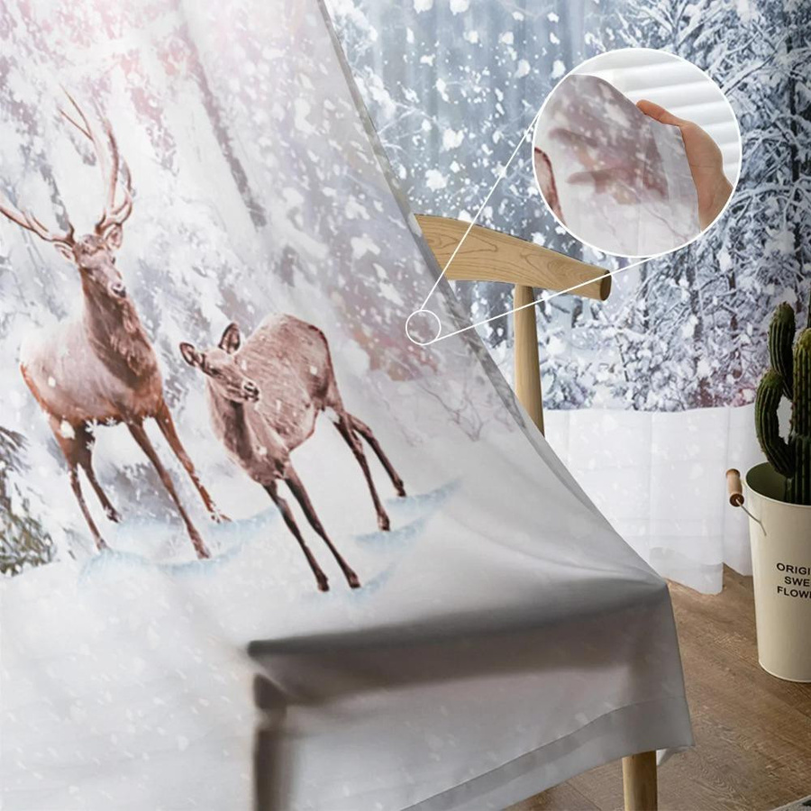 Yiran Furniture Transparentes Voile Organza Tüll Vorhang mit Winter-Weihnachtsbaum- und Hirsch-Motiv in Weiß, Breite: 135 cm, Höhe: 115 cm - Bild 2