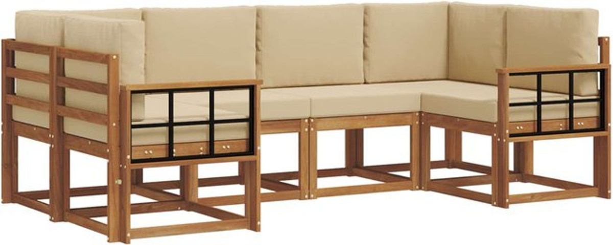 Modernes 6-teiliges Outdoor-Sofagarnitur Loungemöbel Set aus Akazie mit Kissen von vidaXL in Natur und Beige - Bild 1