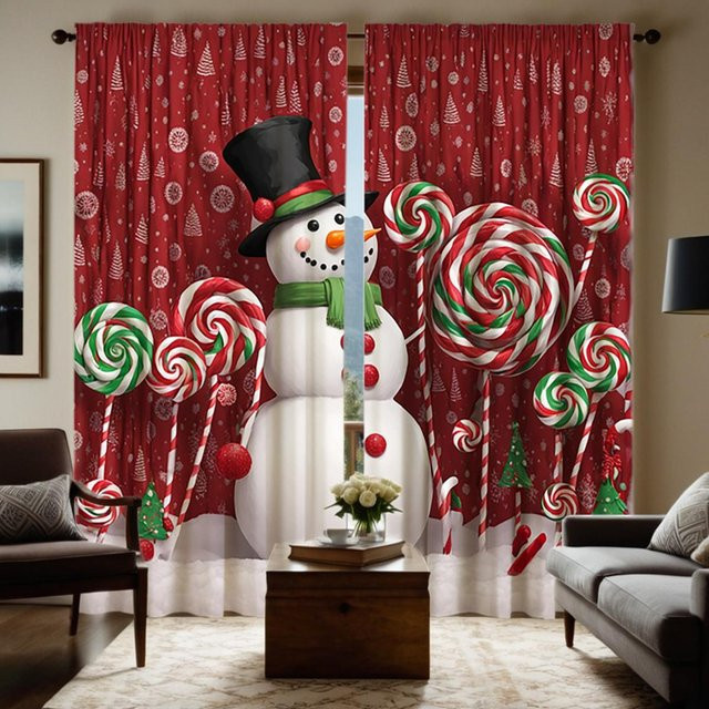 2-teiliges Weihnachts-Vorhang-Set mit Schneemann-Motiv in Schwarz und Multicolour, B: 132 cm, H: 160 cm - Bild 1