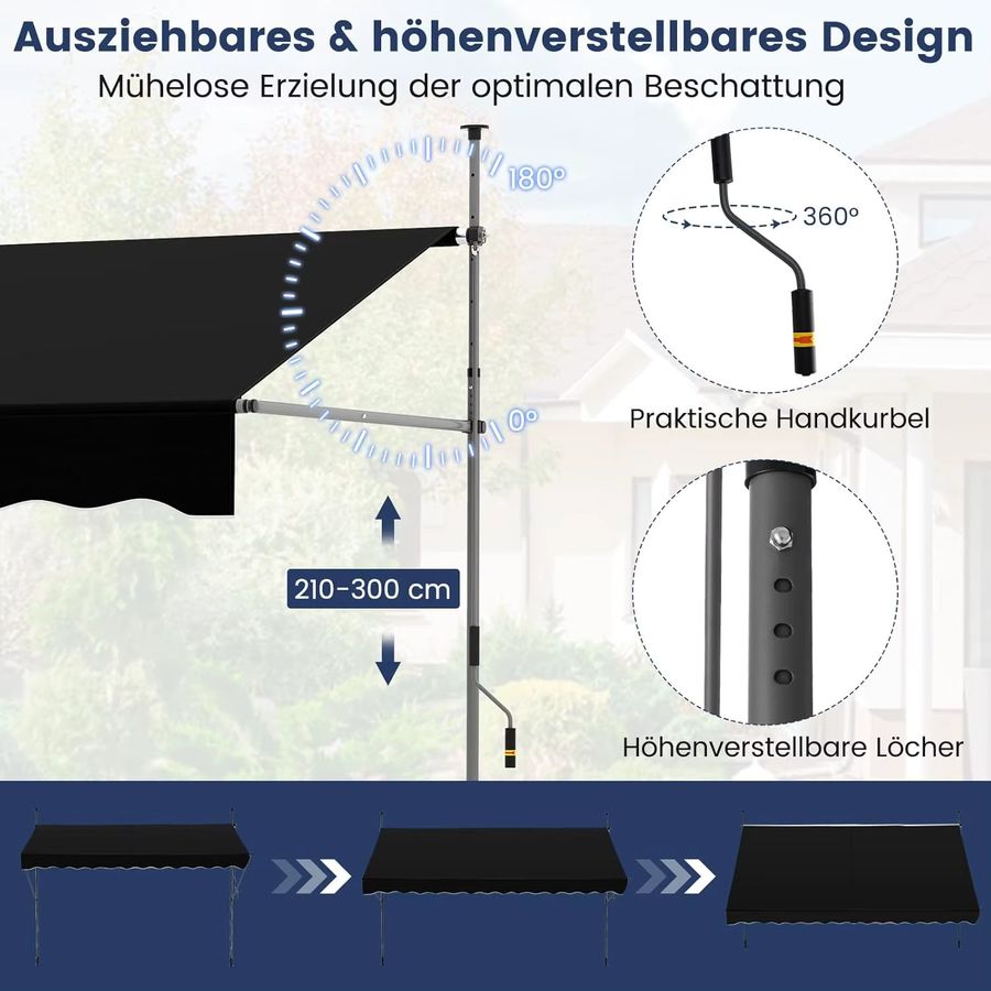 GOFLAME Klemmmarkise ohne Bohren, höhenverstellbarer Sonnenschutz für den Balkon, UV-beständig, Schwarz, Breite: 400 cm - Bild 5