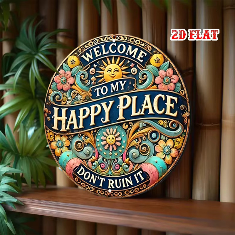 Potdemiel Rundes Aluminiumschild Welcome to My Happy Place mit Blumen und Sonne in Mehrfarbig - Bild 5