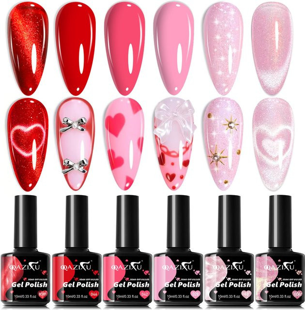 QAZIXU Nagellack-Set, Rosa-Roter Katzenauge-Gel, Glänzend - Bild 1