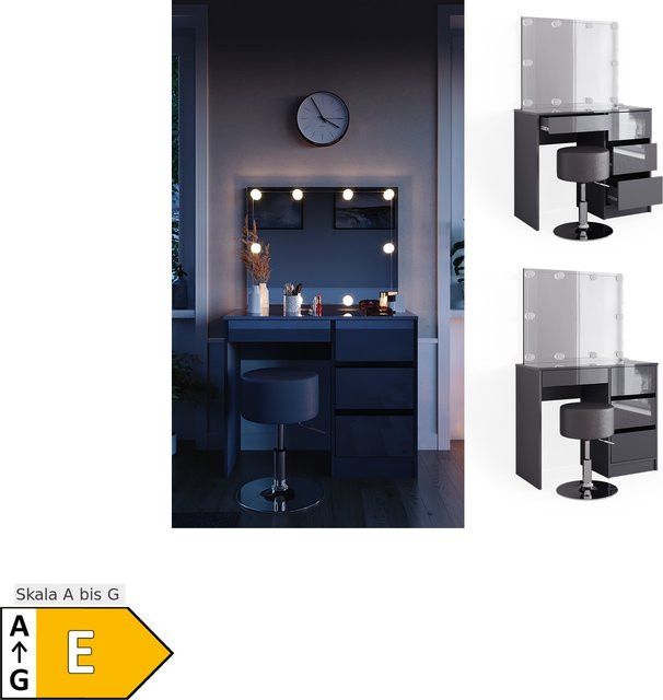 Vicco Schminktisch Sherry Anthrazit Hochglanz mit LED-Beleuchtung, Spiegel und Hocker, B: 90 cm, H: 75 cm - Bild 1