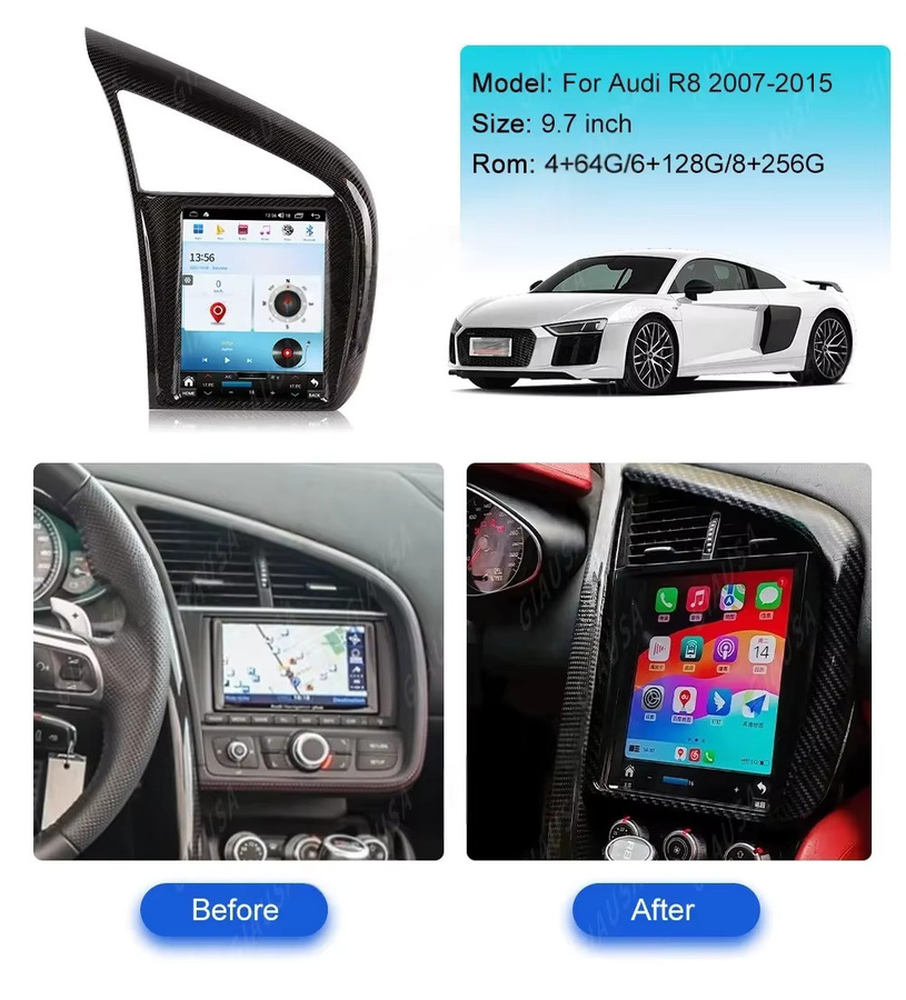 YANFU HF Android Autoradio mit Touchscreen, Wireless CarPlay, GPS und Bluetooth für Audi R8 2007-2014, Schwarz - Bild 2