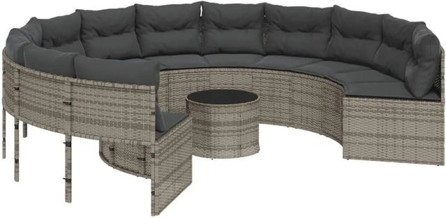 vidaXL Gartenset Rund aus grauem Polyrattan mit Tisch und Kissen aus wetterfestem Polyester - Bild 1