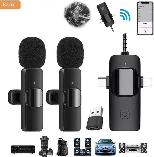 Basix Professionelles 4-in-1 Wireless Lavalier Mikrofon für iPhone und Android, Schwarz, mit 3,5 mm Klinkenanschluss und Geräuschunterdrückung für Live-Aufnahmen - Bild 1