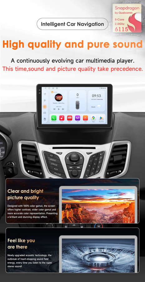 OSSURET 9 Zoll 2 Din Android 14 Autoradio für Ford Fiesta 2009 - 2017 mit Qualcomm Snapdragon 6115 Octa-Core, GPS-Navigation, Bluetooth und Wireless Carplay in Schwarz - Bild 3