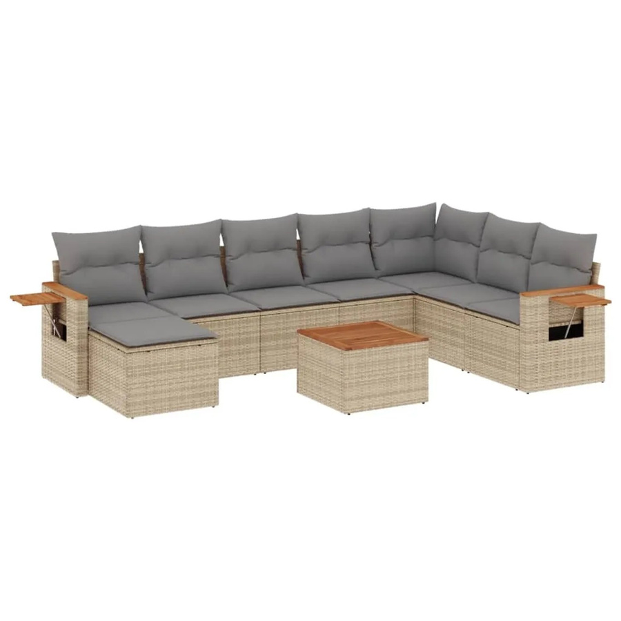 vidaXL 9-tlg. Garten-Sofagarnitur in L-Form aus Poly-Rattan und Akazienholz mit Kissen in Beige - Bild 2