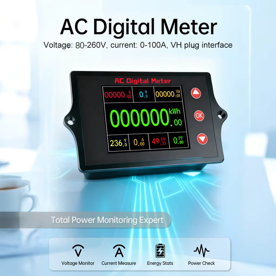 Voktta Multifunktionales Digitales Leistungsüberwachungs- und Energie-Multimeter mit 2 Zoll TFT Farbdisplay zur AC Spannungs- und Strommessung 0-100A in Schwarz - Bild 5