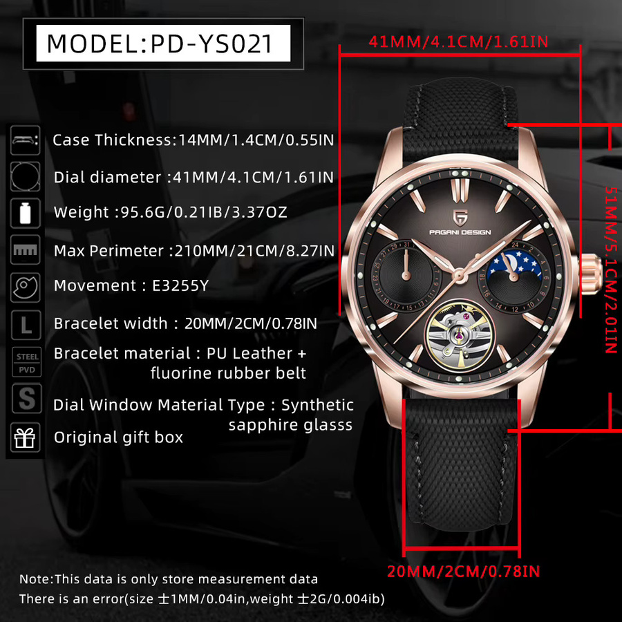 PAGANI DESIGN Armbanduhr, Automatik, Roségold, Mondphase, Leder, Herren - Bild 6