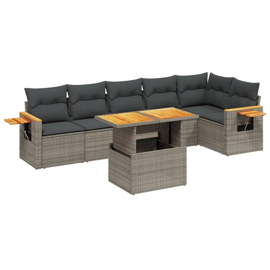 vidaXL 7-teilige Garten-Sofagarnitur in L-Form aus Poly-Rattan und Akazienholz mit Kissen in Grau - Bild 2