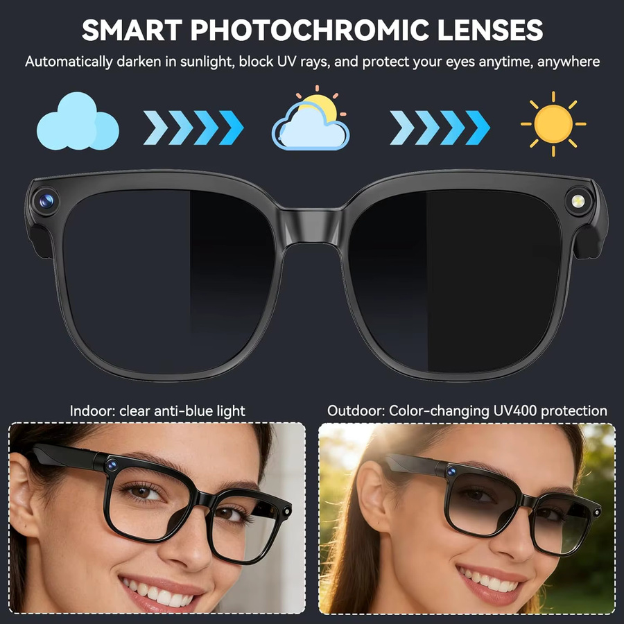 GUHUAVMI Smart Glasses KI-Brille mit Kamera für Foto- und Videoaufnahme, intelligente Übersetzungsfunktion, wasserdicht und für Anrufe geeignet, Farbe: Schwarz/Transparent - Bild 6