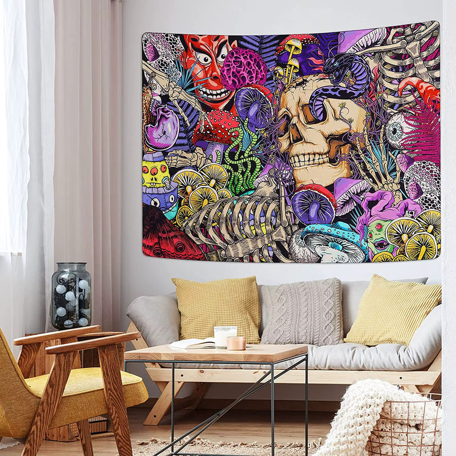 VIKAMA Wandteppich mit Totenkopf und Pilz-Motiv in Multicolour, rechteckige Textil-Wanddekoration mit abstraktem Design, Breite: 60 cm, Höhe: 40 cm - Bild 3