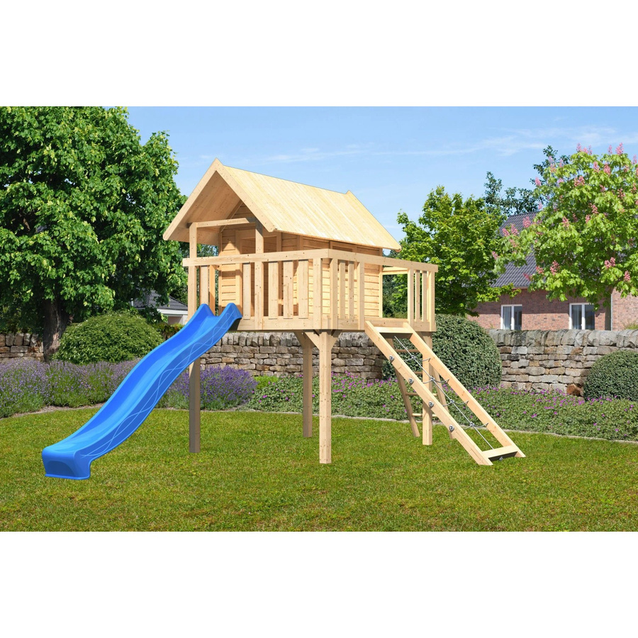Karibu Stelzenhaus Fidel Set in Natur mit blauer Wellenrutsche und Netzrampe, B/H/T: 198 x 329,5 x 243 cm - Bild 2