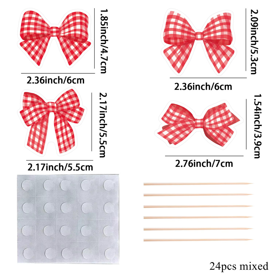 24er Set Rote Schleife Cupcake Topper im Plaid-Design für Hochzeit, Geburtstag und Valentinstag als DIY Party Dekoration - Bild 2