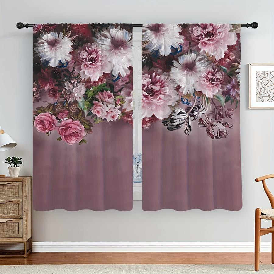 2-teiliges Set Yiran Furniture Vorhänge mit Blumenlandschaften und Frühlingsdruck, halbtransparent, Polyester, Mehrfarbig, B/H: 60 x 50 cm pro Stück - Bild 1