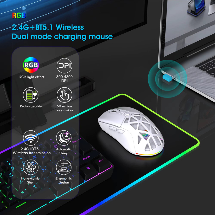 HXSJ Kabellose Gaming-Maus in Weiß mit Tri-Mode Verbindung, ergonomische Bluetooth und USB-C wiederaufladbare leise Maus für PC und Laptop - Bild 6